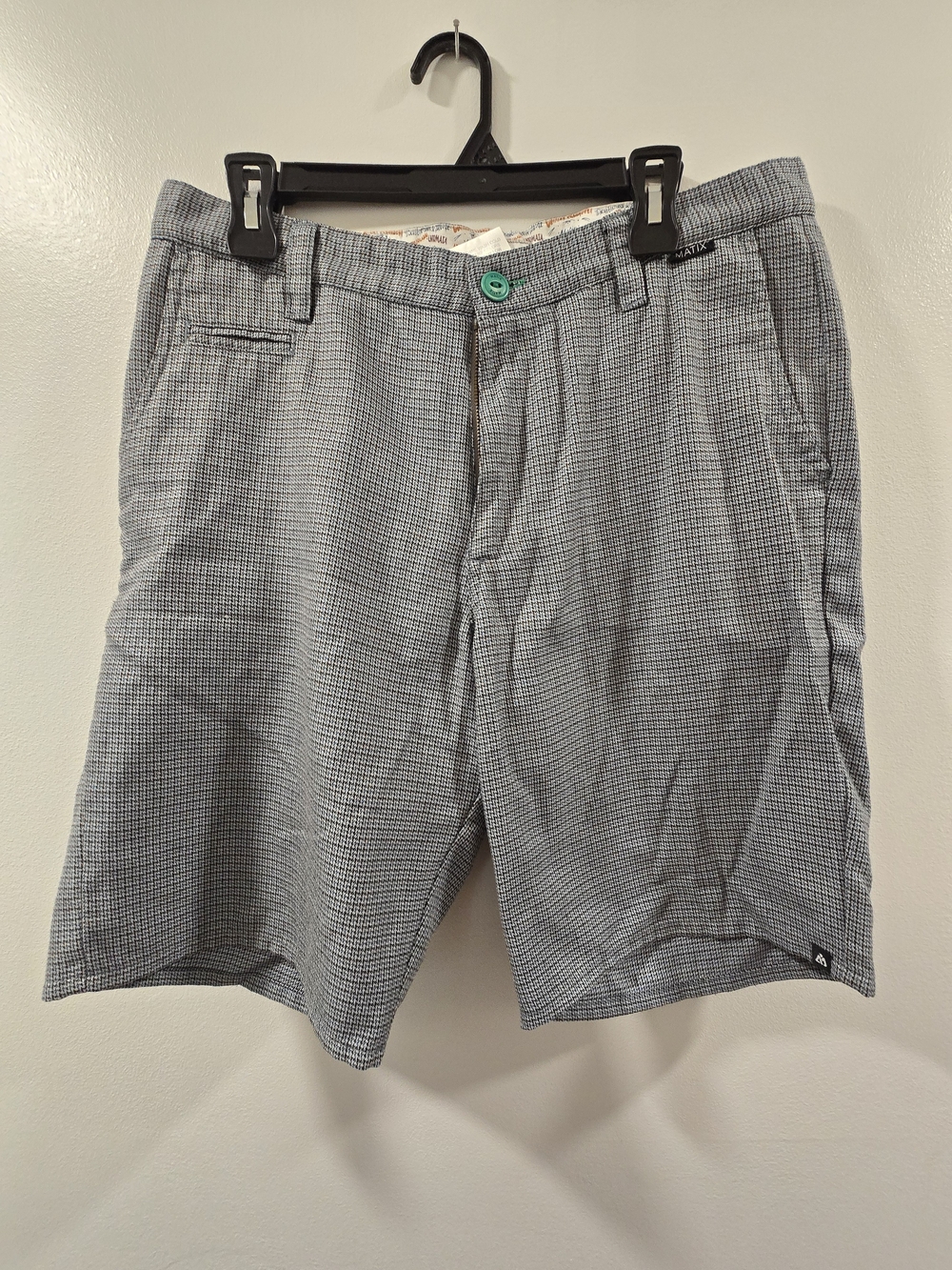 Matix Men's Gray Micro-Check Flat Front Shorts with Teal Button